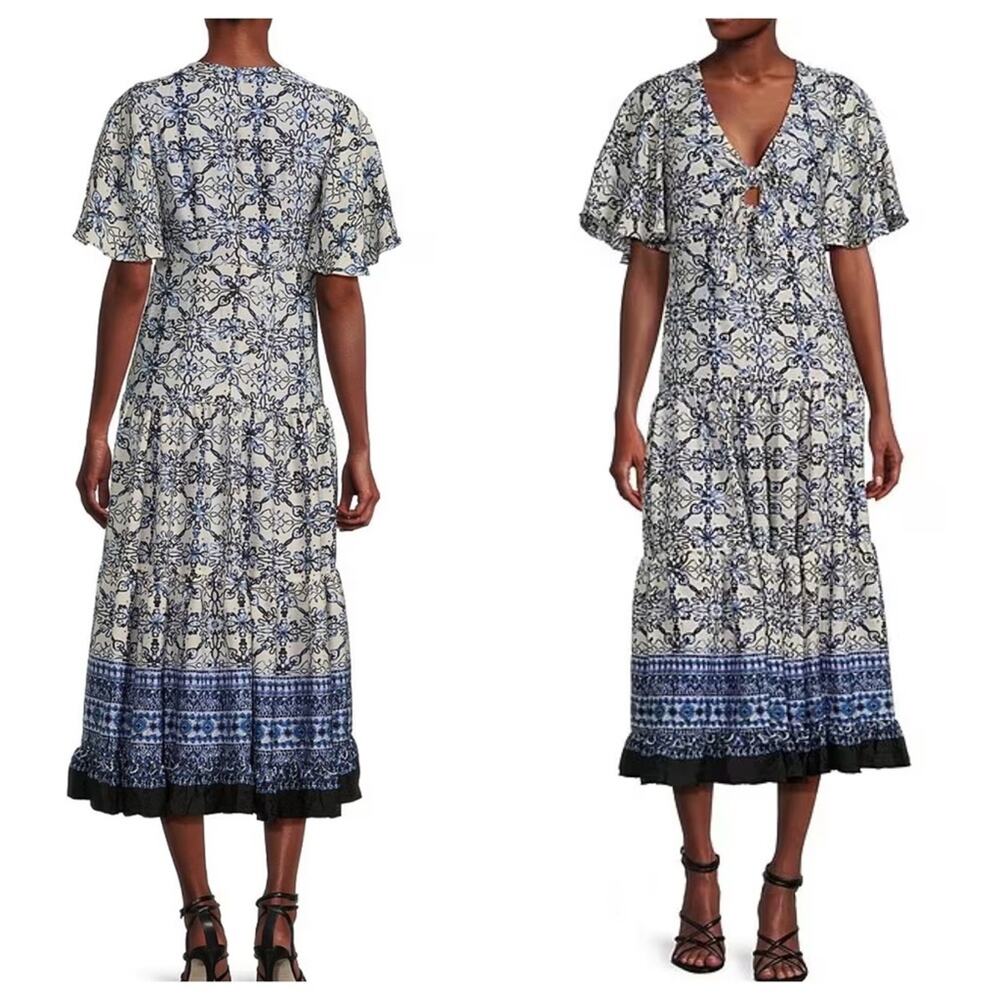 NEW Taylor Dress Blue Floral Cut Out Midi Short Flutter Sleeve Size 4 MSRP $138